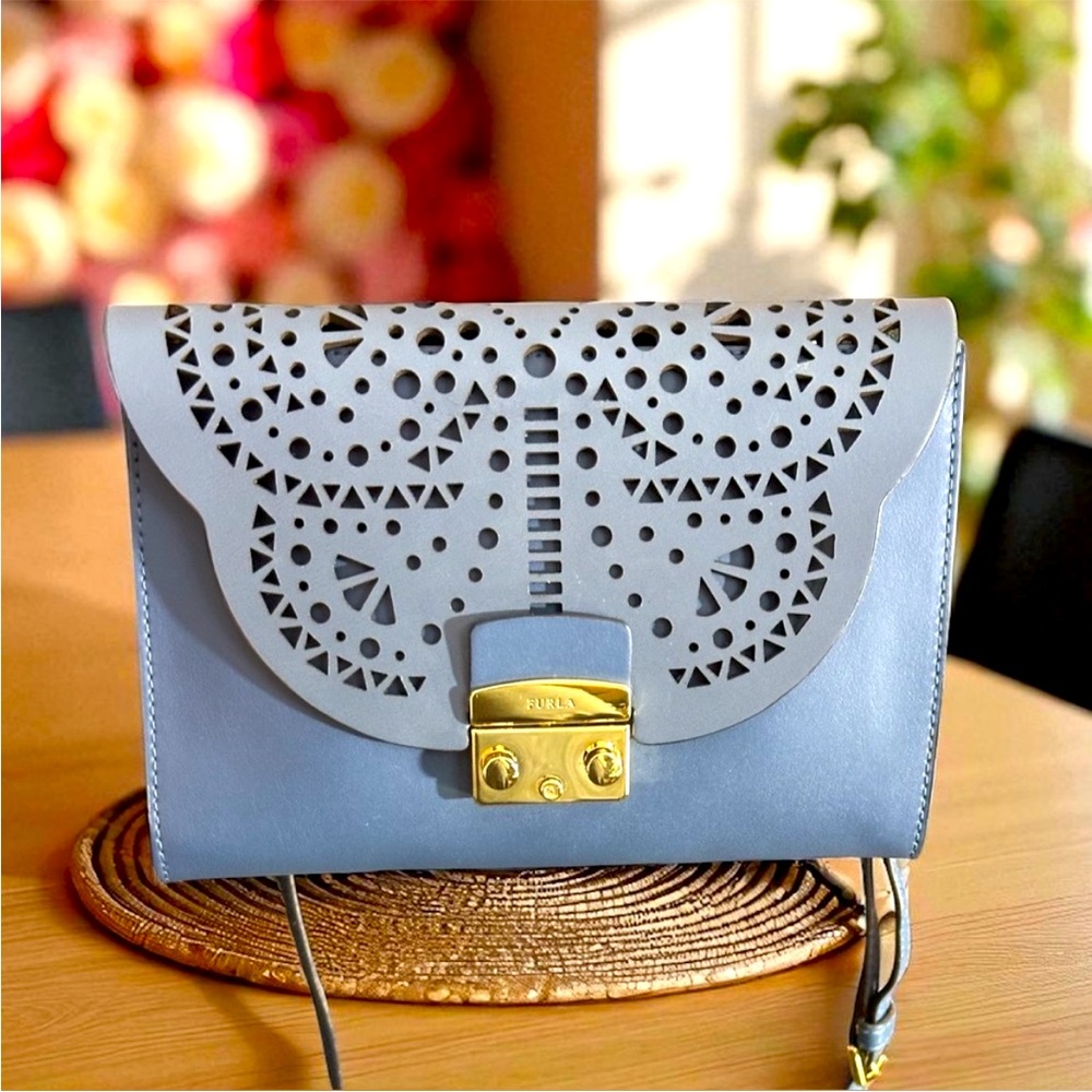 Furla Perforated butterfly Blue bag/Clutch. removable chain to make it a clutch